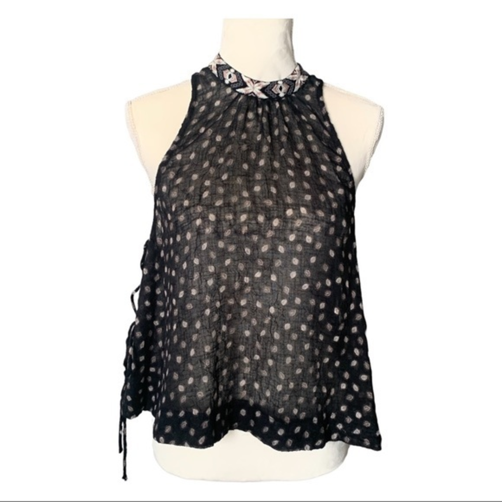 Free‎ People black sheer sleeveless top embroidered halter neck, side ties small